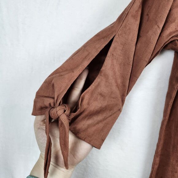 Garnet Hill Lagenlook Dress Rust Dobby Tie Sleeve Organic Cotton Jacquard Sz 8 - Picture 3 of 13